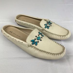 Anne Klein Beige Turquoise Leather Clog Moccasins